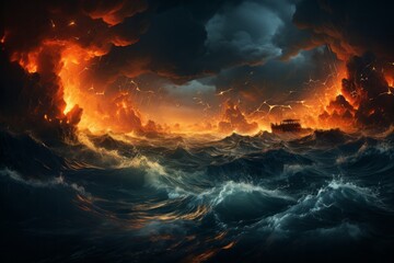 A ship battles stormy seas under a dramatic sky with afterglow on the horizon - obrazy, fototapety, plakaty