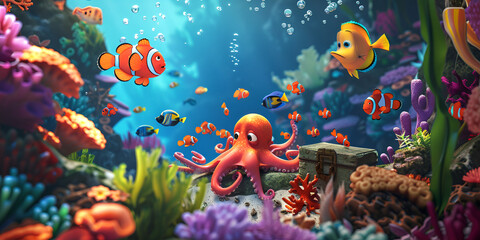 Fototapeta na wymiar coral reef with fish and coral, Watercolor Art of the Deep Sea Coral Reef