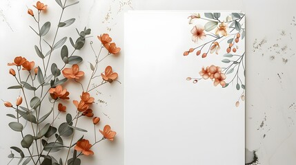 Minimalist Floral Illustration Modern Invitation Template with Pastel Orange Hues on White Page - obrazy, fototapety, plakaty