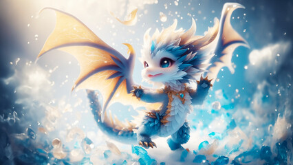 baby dragon dancing in snow, anthropomorphic cute animal with wings, blue and golden cartoon dragon, wall art for home decor, wallpaper for cellphone, mobile smart cell phone background - obrazy, fototapety, plakaty