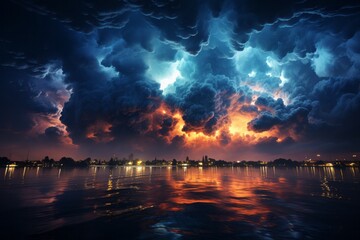 A storm looms over the dark water, creating a dramatic scene at dusk - obrazy, fototapety, plakaty