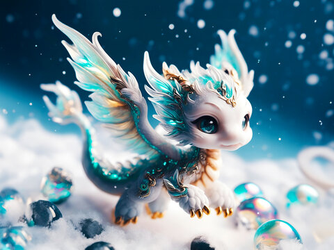 Fototapeta baby dragon playing in snow, anthropomorphic cute animal with wings, green and golden cartoon dragon, wall art and poster for home decor, wallpaper background