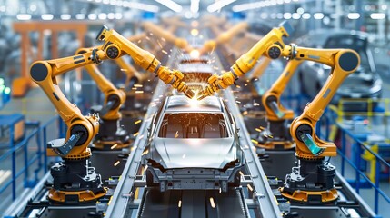 Robotic arms welding car parts in high speed production line with precision and technology emphasis
