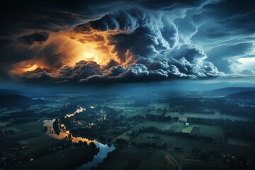 Aerial view of cumulus cloud thunderstorm over water at dusk