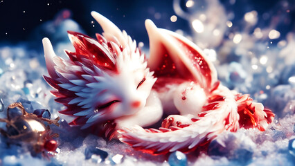 baby dragon sleeping in snow, anthropomorphic cute animal with wings, red and golden cartoon dragon, wall art for home decor, wallpaper for cellphone, mobile smart cell phone background