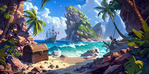 tropical island in the sea, Pirate Pop Up Ui Caribbean Themed Open World Rpg Decorated W Design Art Graphic Frame Card Decor