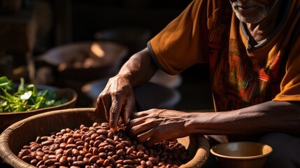 Man filling coffee beans in small bowl