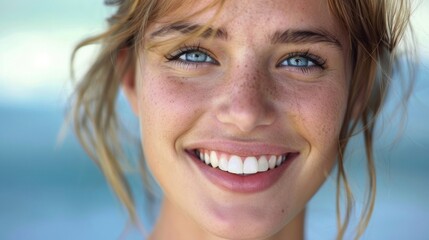 A young woman grins confidently at the camera proudly showing off her newly restored smile which has been transformed through a combination of teeth whitening veneers and