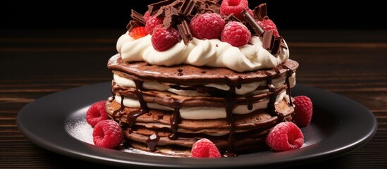 A delicious dessert consisting of a stack of pancakes topped with fresh raspberries and whipped...
