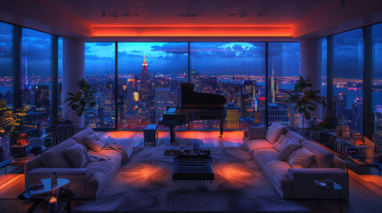 A modern apartment with a grand piano and a panoramic view of New York City at night. Modern interior .