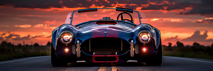 Vibrant Blue Shelby Cobra Racing Car with Red Stripes, Parked on Desert Highway at Sunset