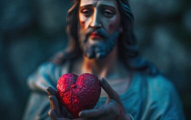 Jesus holding a red heart. Love concept