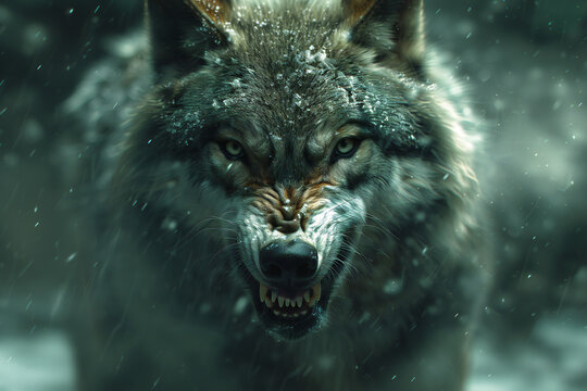 Ferocious Grey Wolf Snarling Aggressively in a Captivating Close-Up Shot.