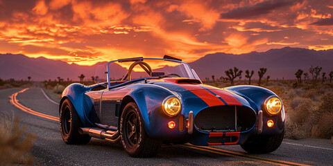 Blue Shelby Cobra Racing with Red Stripes at Dusk