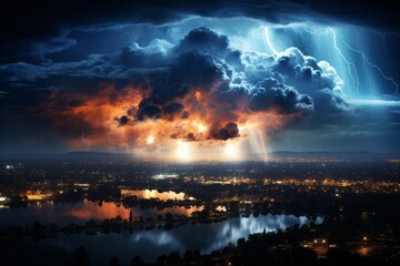 A large cumulus cloud looms over the city at night during a lightning storm - obrazy, fototapety, plakaty