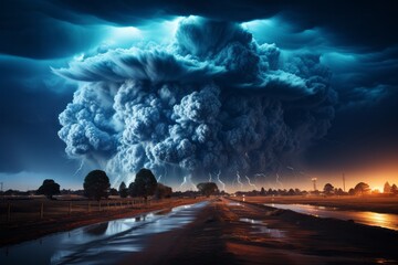 A massive cumulus cloud crackling with lightning dominates the sky - obrazy, fototapety, plakaty