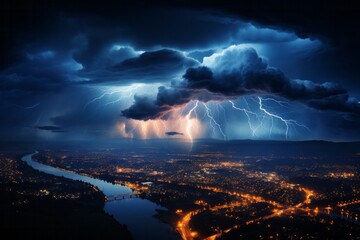 Naklejka na ściany i meble Nighttime city illuminated by bolts of lightning in the sky