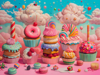 Dreamy vibrant pop surrealism scene of cakes and sweets