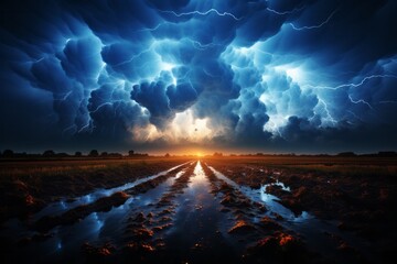 Muddy plain at dusk with sunset, lightning in the sky and cloudy horizon - obrazy, fototapety, plakaty