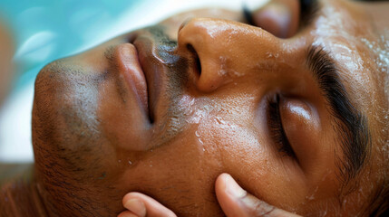 Naklejka premium A closeup of a patients face as they receive a traditional Ayurvedic facial massage with soothing oils and gentle pressure to release tension and improve circulation.