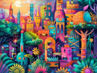 Illustrated pop surrealism where city and forest blend