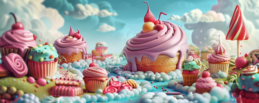 Assorted sweet objects in a dreamy pop surreal landscape vibrant cakes and candies