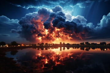 Cumulus cloud hovering over water at dusk in natural landscape - obrazy, fototapety, plakaty