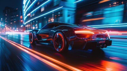 Modern futuristic car in movement. Cars lights on the road at night time, Generative AI. - obrazy, fototapety, plakaty