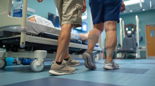 A patient is shown being helped to walk by a physical the post. This image conveys the importance of early mobilization and physical therapy in preventing complications and