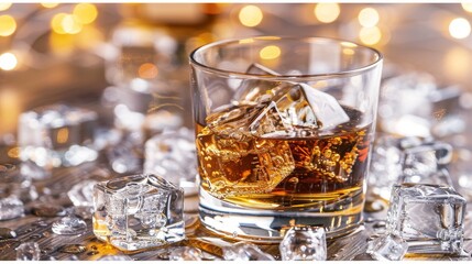 Elegant whiskey glass with ice cubes on a serene and uncluttered neutral background