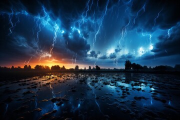 Lightning illuminates the sky over water as the sun sets