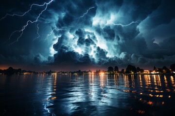 Lightning strikes across the night sky over a vast body of water - Powered by Adobe