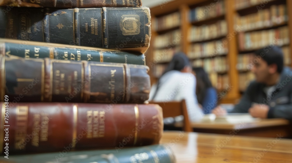 Poster a closeup of a stack of books with titles ranging from history to science representing the diverse t