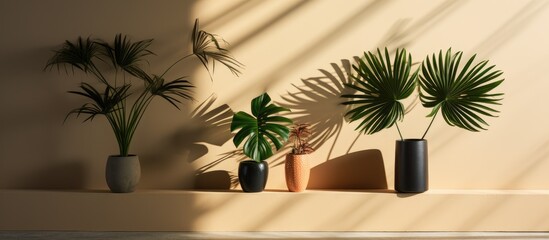 Shadow mockups with sunlight overlay and tropical plant elements on interior surfaces.