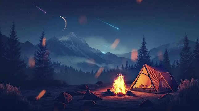 Under the Starlit Canopy: A cozy campsite illuminated by the flickering glow of a crackling bonfire, with a tent pitched Seamless looping 4k time-lapse virtual video animation background. Generated AI