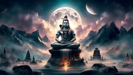 a buddha statue sitting on a rock with the moon in the background, lord shiva - obrazy, fototapety, plakaty