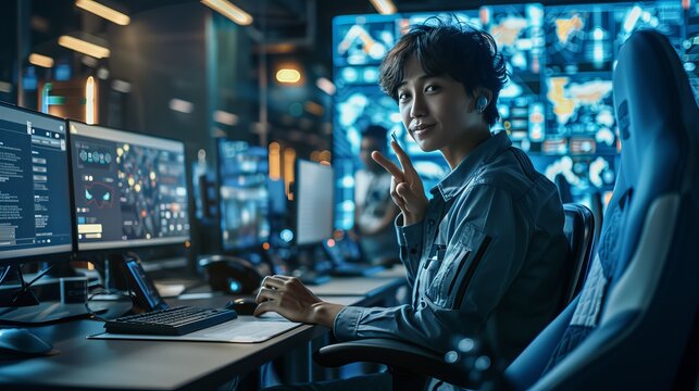 Asian customer service agent signaling approval in busy multilingual call center with soft lighting