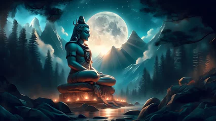 Foto op Canvas a buddha statue sitting on a rock with the moon in the background, lord shiva © Borneo