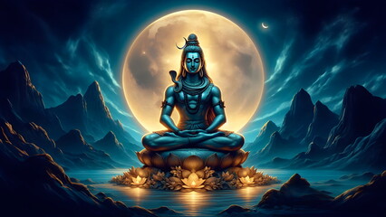 a buddha statue sitting on a rock with the moon in the background, lord shiva - obrazy, fototapety, plakaty