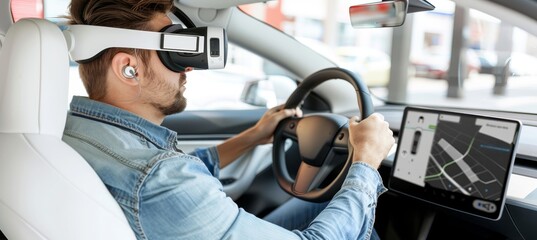 Vr glasses used for driving exam in car simulator at school, controlling virtual machine.