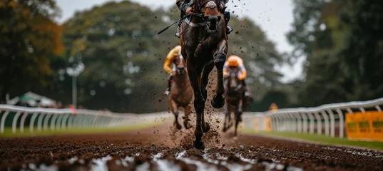 Foto op Canvas Close up of intense horse racing action with focus on powerful hooves in competition event © Andrei