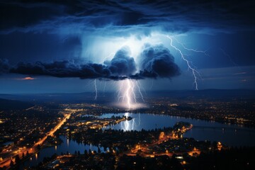 lightning strikes over a city at night with a lake in the foreground