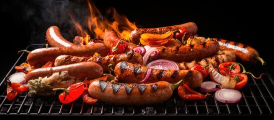 Various Thuringian sausages and vegetables sizzle on the grill, creating a delicious aroma. The mix of ingredients is perfect for a summer barbecue recipe