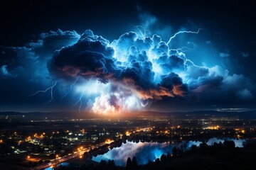 Cumulus clouds illuminate the night sky above the city during a lightning storm