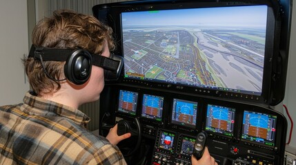 Virtual reality pilot exam at aviation school, man in vr glasses flies aircraft in simulator cabin.