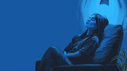 In a quiet corner of the room a girl leans back in a bean bag chair with her eyes closed a contented expression on her face as she takes a break from the blue light and constant - obrazy, fototapety, plakaty