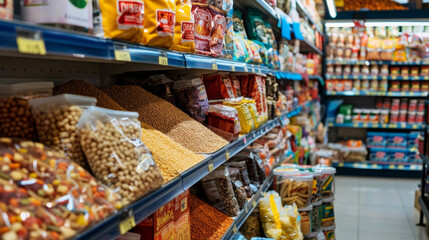 The shelves of a grocery store are filled with an assortment of halal meats grains and dried fruits a reflection of the diverse and delicious meals that will be shared with - obrazy, fototapety, plakaty