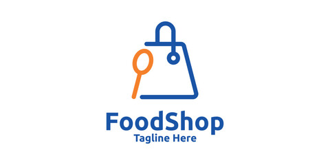 food shop logo design, shopping spoons and bags, logo design templates, symbols, creative ideas.