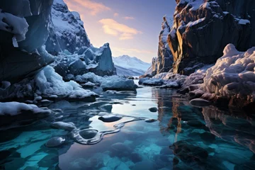 Foto op Plexiglas A river flows through a frozen canyon under a cloudy sky © JackDong
