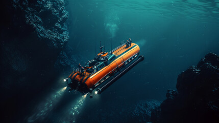 A team of researchers exploring the depths of the ocean in a high-tech submarine photography - obrazy, fototapety, plakaty